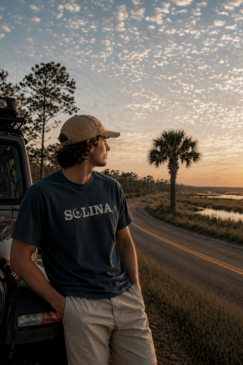Person wearing a 'Solina' t-shirt standing next to a vehicle on a road with a scenic background.